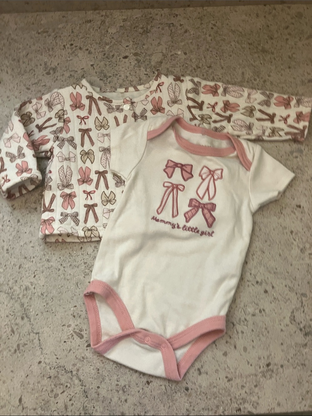 CHICKPEA White Bodysuit + Quilted Cardigan Set Pink Bow Accents Size 6-9 Months